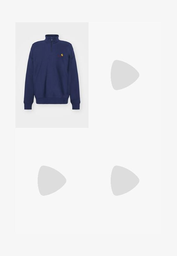 Carhartt WIP HALF ZIP AMERICAN SCRIPT - Sweatshirt - air force blue; White long-sleeved T-shirt made of cotton. Crew neck design with ribbed cuffs and a small logo on the left sleeve. Smooth texture.; Green corduroy pants with a straight-leg design, featuring five pockets, metal button closure, and textured ribbed surface.; Black fabric sneaker with white laces, beige rubber sole, and red accent at the heel. Rounded toe and minimal stitching detail.