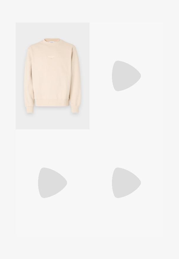 Felpa beige realizzata in morbido tessuto, con scollatura a girocollo, polsini a coste e un piccolo logo bianco sul petto.; Jeans in denim nero con un design a gamba dritta, caratterizzati da cinque tasche e hardware argentato con una finitura liscia. Senza fantasie o accenti.; Sneaker nere basse con strisce bianche, lacci neri, suola nera texturizzata e accentuazione bianca sul tallone, marchiato "JACK & JONES" sul lato.; Occhiali da sole con lenti rettangolari di colore grigio scuro, montatura in metallo argentato e punte nere in plastica sulle asticelle. Design leggero con cuscinetti per il naso.