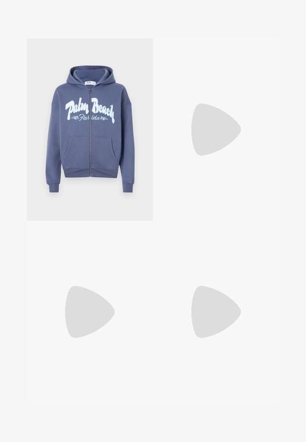 Marineblå lynlås hoodie lavet af bomuld med en blød tekstur. Har en hætte med snøre og et stort "Palm Beach Florida" grafisk tryk.; Beige bomuldsbukser med elastisk talje, lige ben-design og sidelommer, med en glat tekstur og uden mønstre.; Hvide sneakers lavet af glat læder med afrundet tå, syede detaljer og flad gummisål. Minimalistisk design med snørebånd.; Skildpaddemønstret solbriller med rektangulære brune linser, brede stel og subtile metal accenter på stængerne. Struktureret finish på armene.