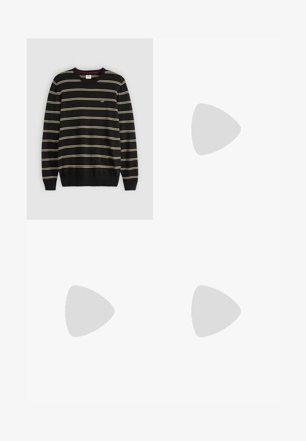 Schwarzer Pullover mit horizontalen gelben Streifen, geripptem Rundhalsausschnitt und umgeschlagenen Ärmeln; kleines Logo auf der linken Brust.; Weißes Baumwoll-T-Shirt mit kurzen Ärmeln, Rundhalsausschnitt und dezentem Levi's-Logo in der Mitte. Weicher Stoff und normale Passform.; Schwarze Shorts aus Baumwolle mit einem normalen Bund, zwei Fronttaschen und einer bequemen Passform. Einfaches Design ohne sichtbare Muster.; Schwarze Lederdressschuhe mit runder Zehenform, Schnürdesign und niedrigem gestapeltem Absatz. Glatte Textur mit minimalen Nähten.