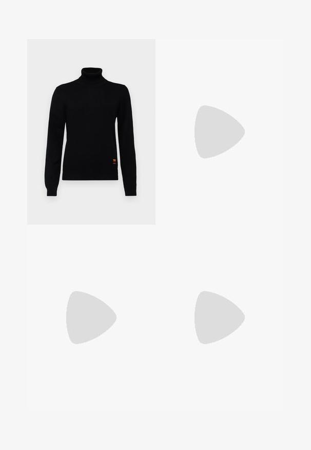 Black turtleneck sweater made of soft fabric, featuring long sleeves and a small multi-colored stripe detail at the hem.; Black trousers made from smooth fabric featuring a high waist, wide legs, front pleats, and classic belt loops. No side pockets visible.; Stuart Weitzman EMILIA MARY JANE FLAT - Ankle strap ballet pumps - black; Sœur SAUDADE MINI - Handbag - noir/cognac