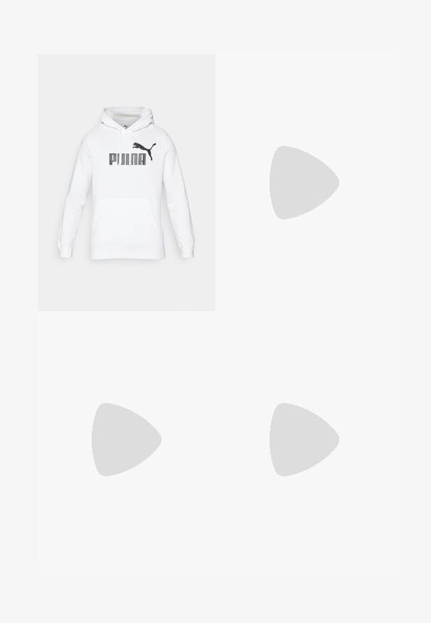 Moleton branco com bolso canguru, apresentando um grande logo "PUMA" preto e a silhueta de um puma na parte da frente. Tecido macio.; Camisa atlética preta de manga curta feita de um tecido liso e leve. Apresenta um decote arredondado e um logótipo discreto no peito.; Calças de desporto pretas feitas de tecido suave, com um cós elástico, pernas ajustadas e riscas laterais brancas. Inclui um logótipo da Under Armour.; Sapatilha atlética preta com detalhes em azul, parte superior texturizada e sola cinza. Usada com meias caneladas cinza, ao lado de um kettlebell preto.