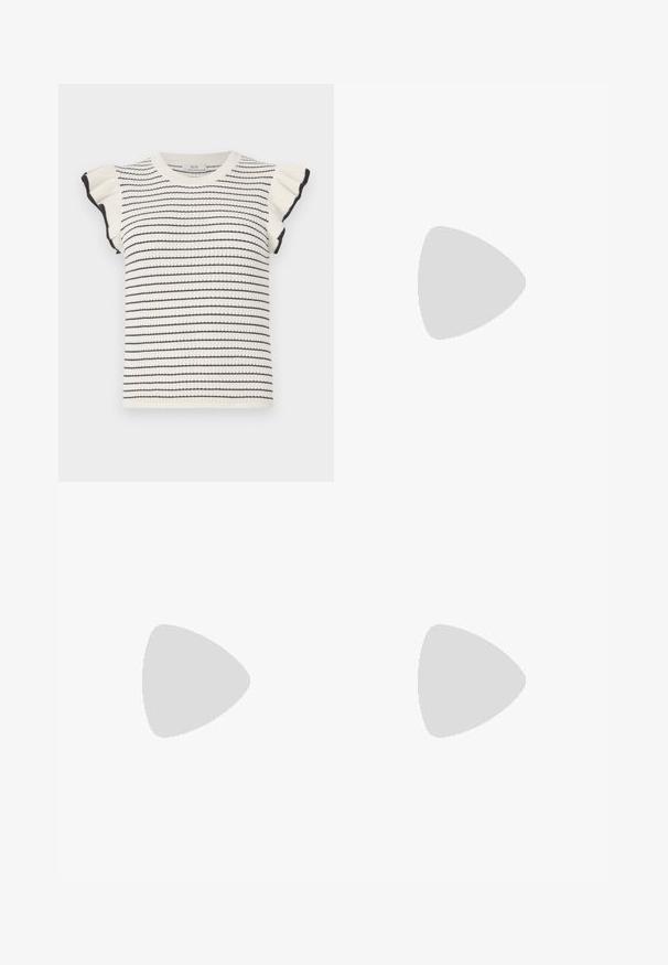 Striped sweater in cream with black stripes, featuring short ruffled sleeves and a ribbed crew neckline. Soft texture and fitted design.; Black wide-leg trousers made of smooth fabric, featuring a classic waistband with a button closure and front pleats.; Pointed toe slingback heel in a smooth, glossy tan material. Features a curved cutout design and a slender stiletto heel. Silver buckle detail.; Black leather handbag with a curved shape, detachable strap, and gold hardware. The bag features a flap with a buckle detail.