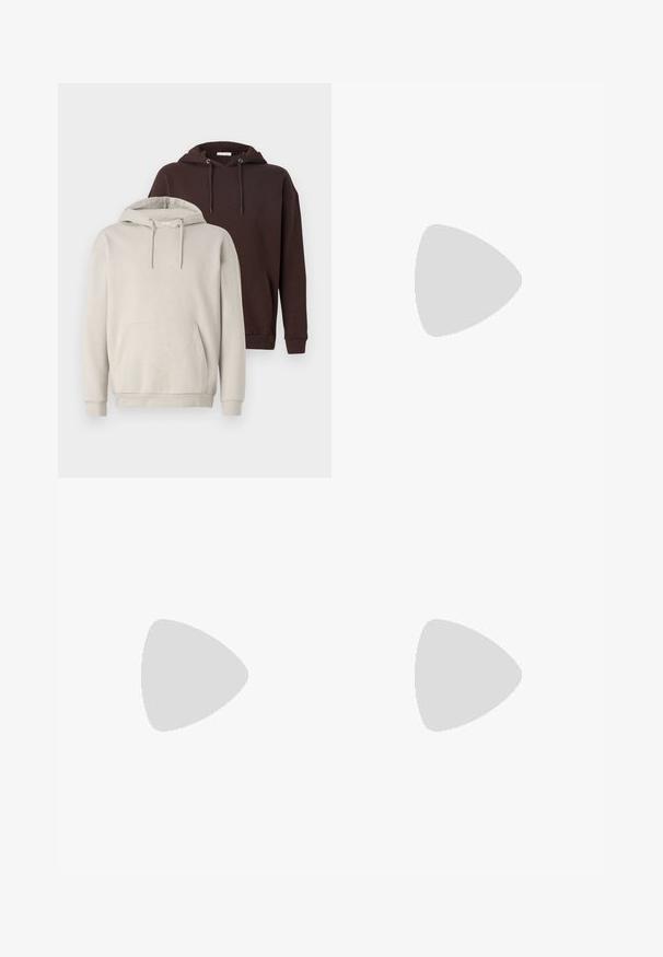 Two hooded sweatshirts: one beige and one dark brown. Both feature a kangaroo pocket, adjustable drawstrings, and ribbed cuffs.; White cotton shorts featuring a woven beige belt with a brown accent. The shorts have a clean design and a smooth texture.; Brown leather sneaker with a rounded toe, white rubber sole, lace-up design, and subtle logo detailing on the side. Smooth texture.; Tortoiseshell sunglasses with square frames, green tinted lenses, and contrasting orange accents along the edges of the arms.