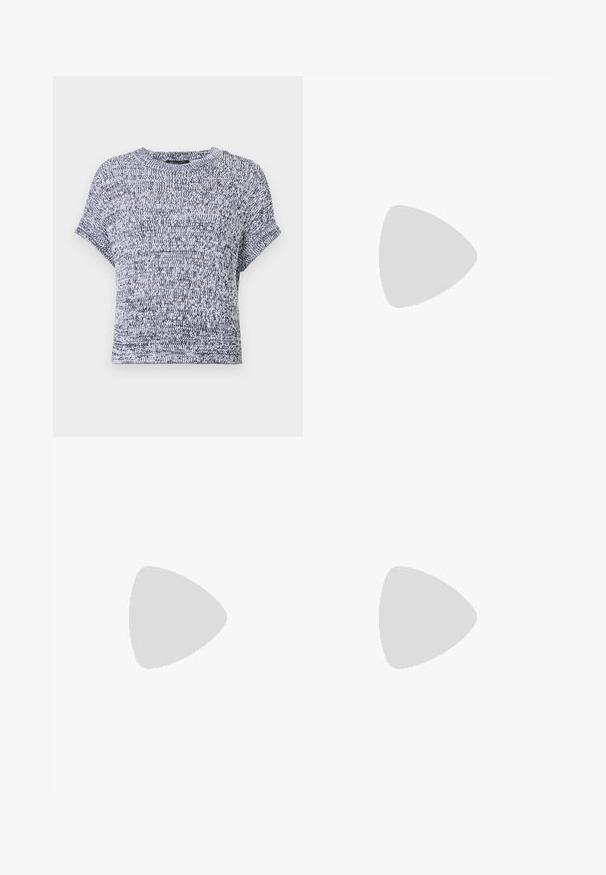 Short-sleeve, crew-neck sweater in a black and white knit pattern. Soft texture with a relaxed fit and rolled cuffs, suitable for casual wear.; White short-sleeve t-shirt made of ribbed fabric. Round neckline, regular fit, and subtle stitching details. No patterns or graphics.; Black trench coat with long sleeves, wrap design, and matching belt. Made of smooth fabric, features a notched collar and side pockets.; Black leather ballet flat with a rounded toe, smooth texture, minimal stitching detail, and a flexible sole design.