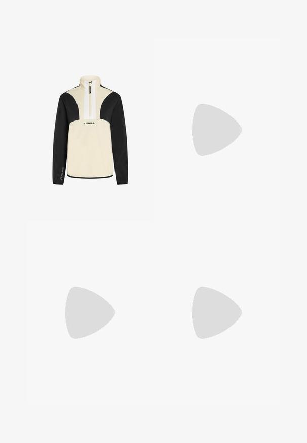 Quarter-zip pullover in cream and black, soft fabric, features black sleeves and shoulders, white zipper, O’Neill logo on front.; Black long-sleeve t-shirt made of cotton with a round neck. Features a small white logo on the left chest area. Simple design and fit.; Black nylon zip-off cargo trousers with adjustable cuffs, multiple pockets, and a logo on the right leg. Smooth, lightweight texture.; Beige and cream athletic shoe with textured mesh upper, supportive overlays, and rubber outsole featuring a tread pattern for traction.