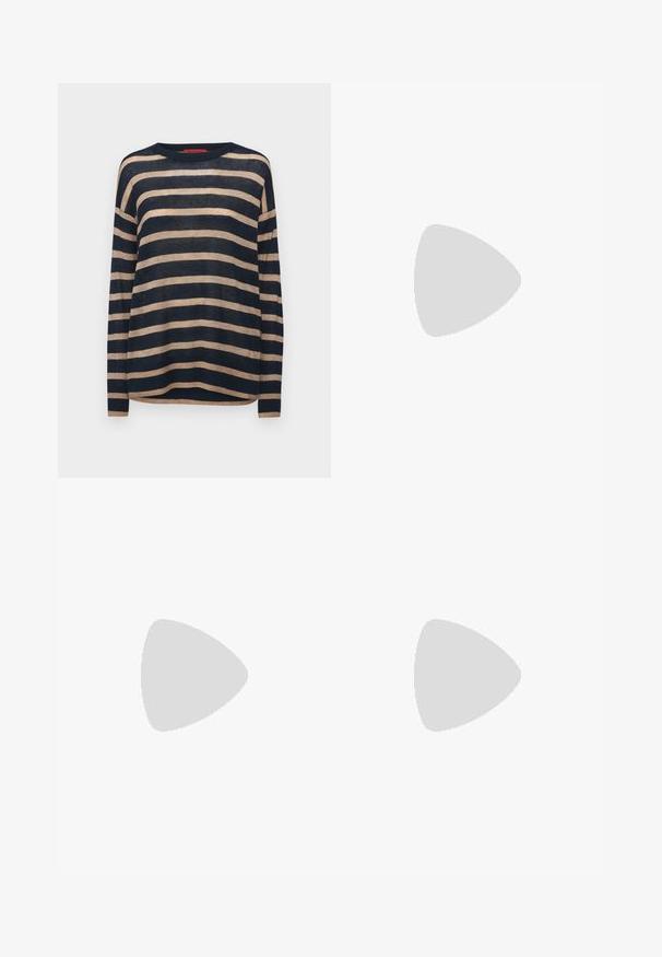 MAX&Co. PLATA - Pullover - nachtblau; Jupe midi en tricot blanche présentant un motif texturé avec des lignes verticales et des découpes près de l'ourlet. Taille élastique. Matériau doux.; Ballerines en cuir noir avec un bout rond, texture lisse, détails de couture minimalistes et design de semelle flexible.; Sac à main en cuir marron avec une fermeture à rabat, des accents en métal doré, une bandoulière et une texture lisse. Forme rectangulaire compacte.