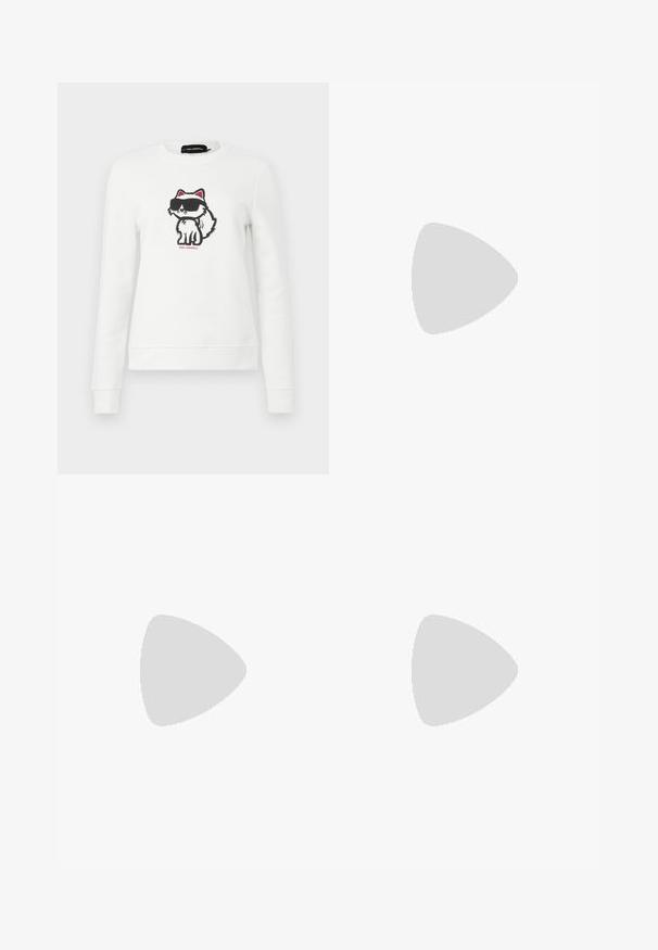 White sweatshirt featuring a cartoon fox with black sunglasses and pink accents, made from soft fabric, with a crew neckline and ribbed cuffs.; Pleated white skirt with a black elastic waistband featuring the "LACOSTE" logo. Mid-length design with soft texture.; White leather sneakers with a thick white sole, black suede heel accent, and embossed logo on the side. Laced design with six eyelets.; Black oversized sunglasses with a geometric shape, featuring dark lenses and a contrasting grey detail on the frame. Logo on the arm.