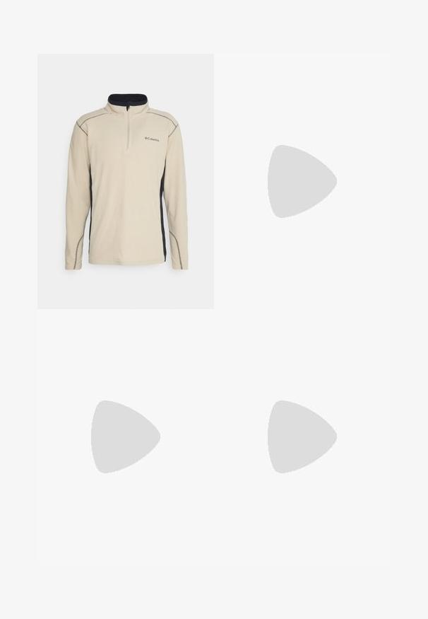 Beige fleecetrui met een zwart zijpaneel, kwart-rits voorkant en contrasterende stiksel. Heeft een klein logo op de borst.; Lichtgrijze longsleeve t-shirt van zacht, textuurstof. Heeft een ronde hals en een klein blauw Patagonia-logo op de borst.; Lichte, grijze sportbroek met zwarte accenten. Elastische tailleband, trekkoordsluiting, taps toelopend ontwerp en zijzakken.; Bruine waterdichte sneakers met een gestructureerde bovenkant, geperforeerde accenten, zwarte hielsteun en een grijze rubberen zool. De veters zijn voorzien van metalen uiteinden.