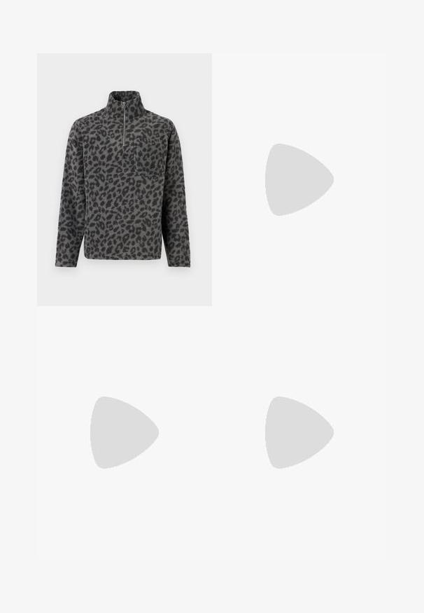 Fleece pullover in grey with black leopard print, features a zipped collar and a left chest pocket. Soft texture, long sleeves, relaxed fit.; Black tailored trousers with a flat front, two pleats, a button closure, side pockets, and a straight-leg cut. Made from a smooth fabric.; White leather sneaker with a smooth surface, round toe, and flat white laces. Features a textured rubber sole and minimal design elements.; Black leather gloves with a smooth texture, five fingers, and subtle stitching details. Classic design, suitable for cold weather use.