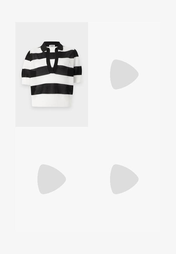 Polo de malha riscada em preto e branco com mangas curtas, apresentando uma textura em rede e um colarinho preto em contraste.; Vestido de tweed branco com saia godê, decote arredondado e dois bolsos frontais acentuados com botões redondos. Design texturizado e estruturado.; As sandálias de salto alto pretas apresentam tiras finas com um design em nó, uma biqueira quadrada lisa e um elegante salto agulha.; Bolsa metálica cinza claro com uma alça de corrente, adornada com pequenos rebites metálicos circulares e um logótipo triangular da marca.; Brincos de argola prateados com um acabamento suave e brilhante. Forma arredondada, design leve, com fecho de pino.