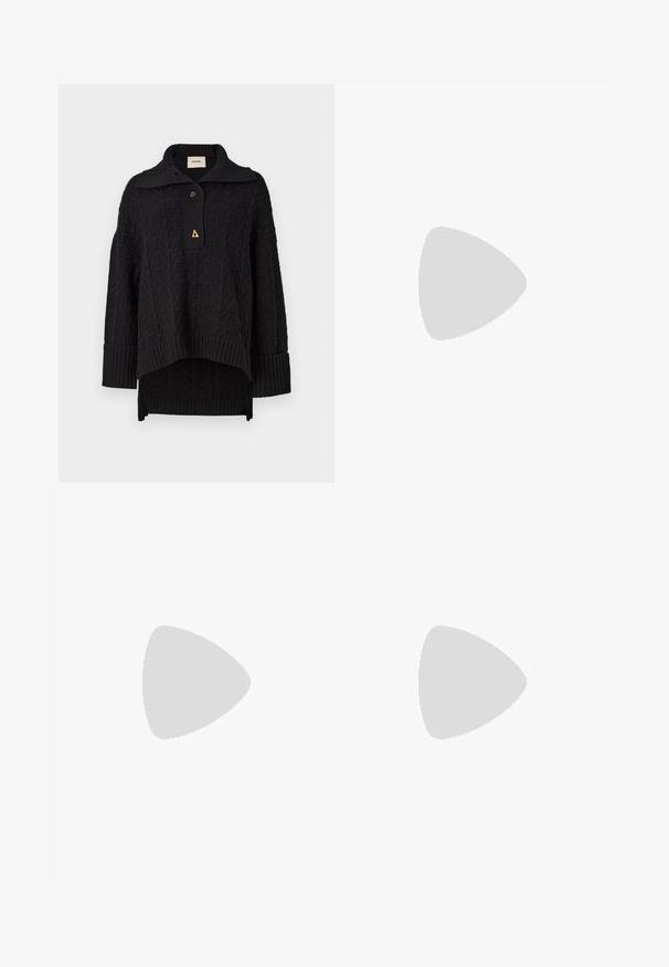 Black knitted pullover with a textured pattern, high collar, and button closure. Ribbed cuffs and hem, featuring a triangular gold accent.; Wide-leg camouflage jeans in shades of gray, made of denim, featuring two side pockets and a high waist design. Textured fabric with a printed pattern.; Brown suede sneakers with white accents and laces. Rubber gum sole. Worn with white socks featuring black stripes. Green textured flooring.; Black leather handbag with a curved shape, featuring a decorative design on the front, a short strap, and gold-tone hardware accents.