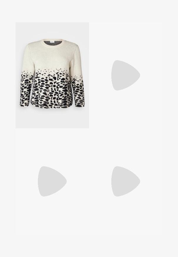 Pulover z živalskim vzorcem v kremni in črni barvi, mehak tekstur, okroglo izrezana vratna izreza, dolgi rokavi, gradientne lise leoparda na dnu, sproščen kroj.; Tri prilegla majica v beli, sivi in črni barvi. Vsaka ima širok izrez na vratu in kratke rokave. Narejene so iz gladkega, raztegljivega materiala.; Črne hlače s širokimi hlačnicami, izdelane iz raztegljive tkanine, z visokim pasom in gladko teksturo. Hlače se širijo od kolena navzdol.; Črne platnene visoke superge z belimi gumijastimi podplati in vezalkami. Imajo krožni logotip na strani in kontrastno bele šive.