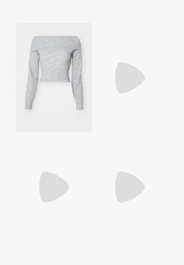 Weekday LOLO OFF SHOULDER - Pulover - grey melange; Fustă din denim de culoare albastru deschis, cu o deschidere frontală, două buzunare și detalii cu logo. Are talie înaltă și un design drept, fabricată dintr-un material durabil.; Pantof cu aspect sport de culoare neagră, cu un superior texturat, trei dungi argintii și o talpă de amortizare distinctivă, ce prezintă multiple secțiuni integrate.; Geantă de umăr din piele neagră, cu o textură netedă și curea ajustabilă, asortată cu blugi evazați și adidași.