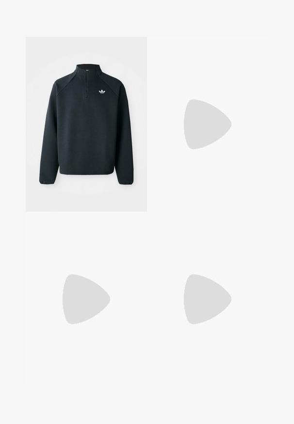 Sweat-shirt noir à zip quart en tissu doux, avec des manches raglan et un logo blanc sur la poitrine. Les poignets sont élastiques.; T-shirts en coton blanc, à manches courtes, design col rond, texture uniforme, empilés en rangée, avec un logo subtil au niveau de l'encolure.; Shorts en coton noir avec une taille élastique, des coutures latérales et un petit logo blanc sur la jambe gauche. Texture lisse, longueur genou.; Des baskets noires avec une tige en suède et en matériaux synthétiques, dotées de trois rayures blanches, d'une semelle en caoutchouc texturé et d'une étiquette de logo bleue sur la languette.