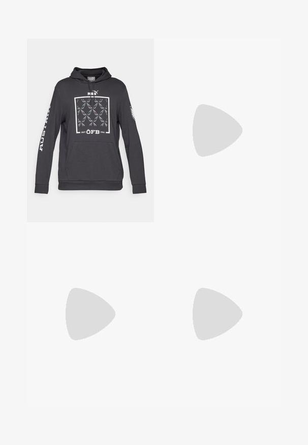 Zwarte hoodie met een voorzijde graphic ontwerp in wit en teal. Voorzien van een kangoeroezak, geribbelde manchetten en de tekst "AUSTRIA" op de mouw.; Zwarte sport t-shirt met korte mouwen van lichtgewicht stof. Heeft een ronde hals en gedrukt "HYROX" logo met een Puma-embleem aan de voorkant.; Zwarte sportshorts met een elastische tailleband, gemaakt van lichtgewicht materiaal, met een klein wit logo aan de onderzijde.; Zwarte sportieve schoen met een gestructureerde mesh bovenkant, platte veters en een gevoerde zool met subtiele reflecterende accenten.