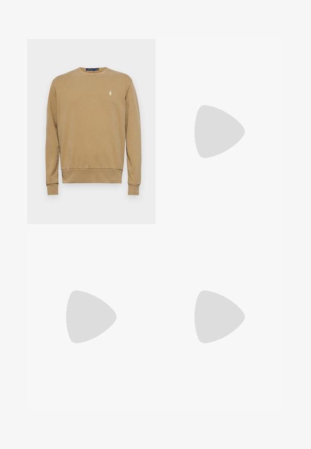 Sweatshirt i ljusbrun bomullsblandning, rundad hals, långa ärmar, ribbade mudd och nederkant, har en liten vit logotyp på vänster bröst.; Beige långärmad skjorta i bomullsblandning. Har krage med knappar, sju knappar fram och en liten broderad logga på vänster bröst.; Beige bomullskinos med rak framdel, bältesöglor och sidofickor. Rakt ben med en slät textur och en lätt, andningsbar känsla.; Vita lädersneakers, låg design, med en slät yta, rund tå, snörning fram och en liten broderad logotyp på sidan.