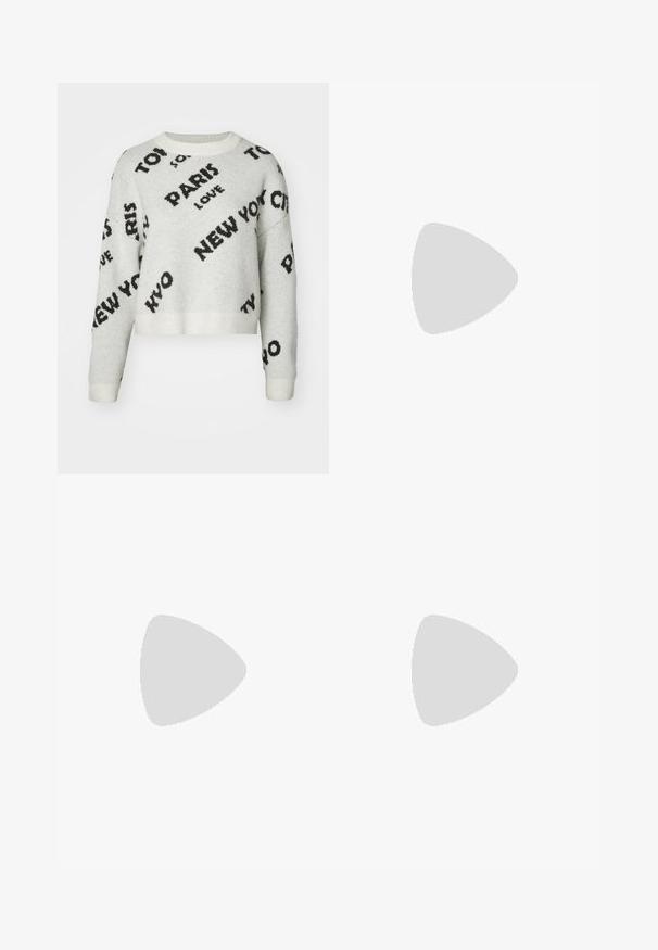 White cropped sweater with black text graphics "PARIS," "NEW YORK," and "LOVE," featuring a round neckline and ribbed cuffs. Soft texture.; Wide-leg denim trousers featuring a light to dark blue gradient, high waist, belt loops, and a matching fabric belt. Textured denim finish.; Black leather platform shoes with a chunky block heel, round toe, and traditional lace-up design. Features smooth texture and minimal detailing.; Black leather hobo bag with a smooth texture, curved shape, and single adjustable strap; features a wide opening at the top.