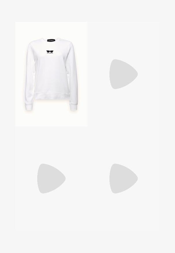 KARL LAGERFELD OVERSIZED EMBROIDERED SUNGLASSES - Sweatshirt - white; Plissert hvit skjørt med en svart elastisk midje som har "LACOSTE"-logoen. Midjelengde design med myk tekstur.; Hvite lær sneakers med tykk hvit såle, svart semsket hælforsterkning og preget logo på siden. Snøresystem med seks hull.; Store svarte solbriller i overdimensjonert størrelse med geometrisk form, med mørke linser og en kontrasterende grå detalj på rammen. Logo på armen.
