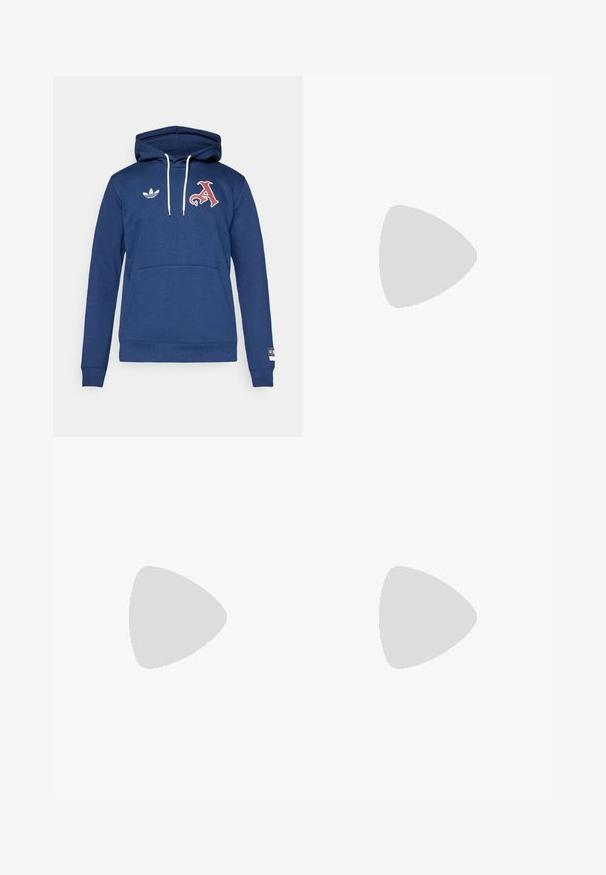 Marineblå hættetrøje med en lomme foran, hvide snore og et rødt "A" logo på brystet. Har et Adidas logo på venstre skulder.; Sorte bukser lavet af letvægtsstof, med lige ben-design, frontlukning med knap og sidelommer. Glat tekstur.; Sorte og hvide sneakers med en overdel i ruskind og læder, der har tre hvide striber, en perforeret tå og en sål i gummigummi.; Sort stof crossbody tas med lynlås, der har et hvidt Adidas-logo og en stribet justerbar rem for nem bæring.