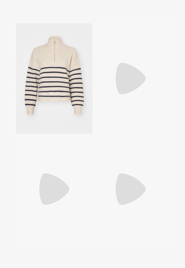 Beige trui met marineblauwe horizontale strepen, hoge kraag en een half-rits sluiting. Gemaakt van een geweven textiel, met geribde mouwen.; Leopardprint broek in een lichtbeige kleur, met een hoge taille, brede pijpen en twee voorkruiszakken. Gemaakt van een soepel materiaal.; Beige sportieve schoen met zwarte strepen, gumrubberen zool en zwarte accenten. Beschikt over een gladleren bovenkant en een ronde neusdesign.; Grijze zonnebril met een slank, lichtgewicht kunststof montuur. Beschikt over getinte grijze lenzen en textuuraccenten aan de zijkanten voor extra grip.