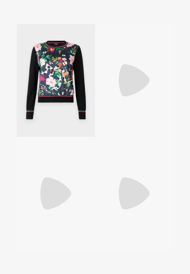 Ladies' sweater featuring a floral pattern in pink, red, and green on a navy background, with black sleeves and a striped hem.; Stradivarius WITH POCKETS - Straight leg jeans - dark blue; Navy blue high-heeled sandal with a smooth texture, wide strap across the toe, ankle strap, and a block heel for stability.; Brown leather tote bag with a smooth texture, open top design, and two shoulder straps. Features minimal stitching and no visible hardware.