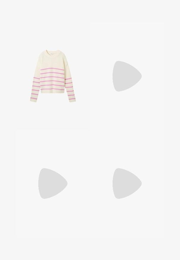 TOM TAILOR DENIM GESTREIFTER - Maglione - placed pink white stripe; Camicia bianca a maniche lunghe realizzata in tessuto morbido, con colletto a punta, una tasca sul petto e orlo arrotondato per una vestibilità oversize.; Pantaloni a gamba larga di colore rosa chiaro, realizzati in un materiale morbido e elastico. Presentano una vita regolabile con cordino e non hanno motivi o decorazioni visibili.; Sneaker metallici argento con una texture liscia, lacci grigi e una suola in gomma, dotati di perforazioni sulla punta e accenti di design laterali.