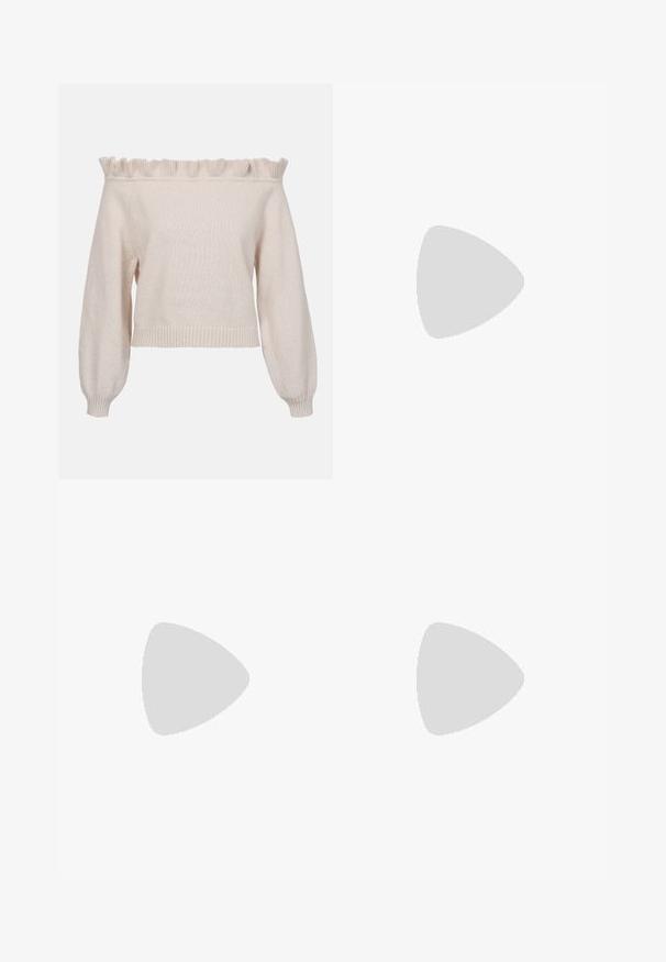 Õlgadele ulatuv kreemjas kampsun, millel on rüseliku kaelaäär, pikad puffvarrukad ja soonikkoes äär; valmistatud pehmest, tekstureeritud kudumstoffist.; Burgundia lõngknitist seelik, millel on laiema lüliga disain, lai vöökoht ja sile tekstuur, millel on ühtlane värv ilma mustrite või aktsentideta.; Kohvatooni nubukist põlvikute saapad platvormsööl with ümmarguse varbaga ja õmblusteenustega; seljal on kinnitusling, mis tagab mugava jalga panemise.; Pruun nahast õlakott tekstuuritud viimistlusega, kõver kuju, kuldse tooni riistvara, reguleeritav rihm ja klappkinnitus.