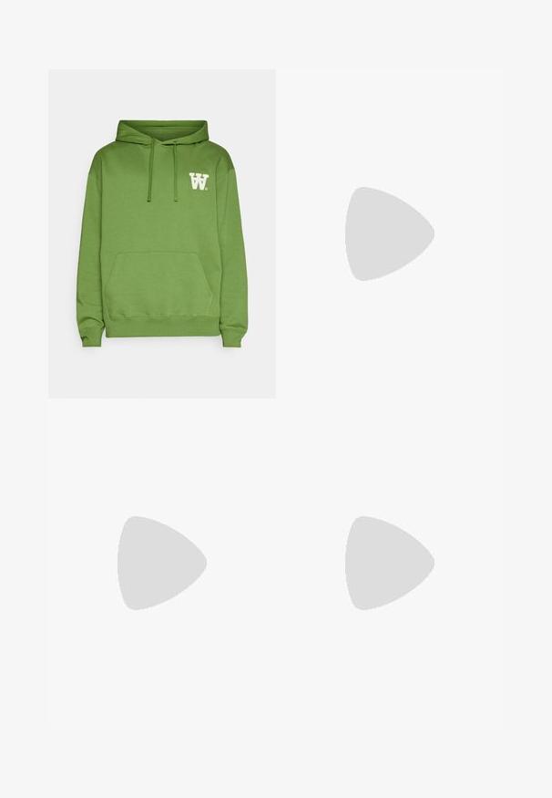 Green hoodie made of soft fabric, featuring a front pouch pocket, adjustable drawstring hood, and a white logo on the left chest.; Filippa K TERRY CROPPED TROUSERS - Trousers - sage melange; White leather sneaker with a smooth finish, round toe, flat laces, and a textured sole. Features a subtle logo on the heel.; Black round sunglasses with dark lenses and slim metal arms. Includes clear temple tips and silver accents at the hinge. Minimalist design.