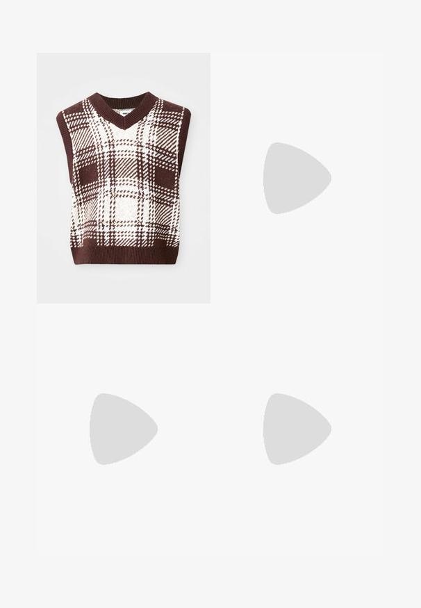 Brown and cream checkered knitted sleeveless sweater with a V-neck design and ribbed hem, featuring various plaid patterns and textures.; Wide-leg blue denim jeans with a faded wash, five-pocket design, and a button closure. Equipped with belt loops and stitched detailing.; Brown leather moccasin with tassel accents, textured surface, and contrasting yellow stitching along the black rubber sole. Side view.; Tortoiseshell sunglasses with square frames, clear lenses, and slender temples featuring a subtle logo detail. Matte and glossy finish.