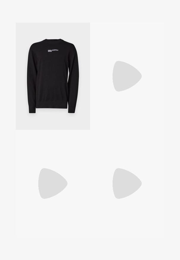 Juodas megztinis su apvalia kaklo iškirpte, raukšlėtomis rankovėmis ir apatine dalimi, su baltu "KARL LAGERFELD JEANS" logotipu viršutiniame priekyje.; Juodos pritaikytos kelnės su tiesiu siluetu, pagamintos iš sklandžios medžiagos. Turi diržo kilpas ir raukšlių detalę priekyje.; Balti odiniai sportbačiai su lygiu paviršiumi, apvaliu pirštu, plokščiomis raištelėmis ir struktūrizuota padu. Pilko zimšo akcentas ant kulno.; Skaidrūs plastikiniai saulės akiniai su stačiakampiais rudos spalvos lęšiais, pasižymintys plonais, skaidriais šonais ir metaliniais akcentais ant rėmo.