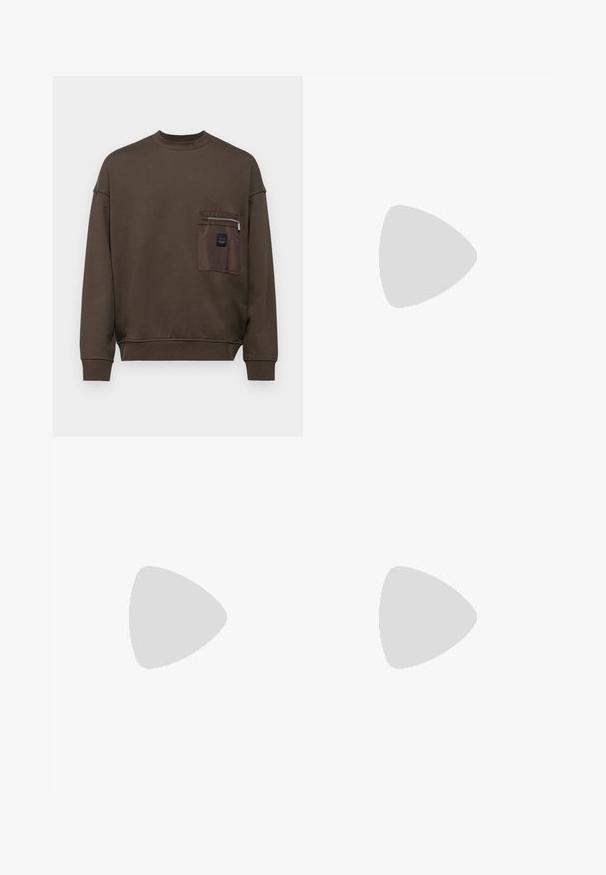 Armani Exchange Mikina - black olive; Černé kalhoty s lehkým, strukturovaným materiálem, rovnými nohavicemi, elastickým pasem a postranními zipovými kapsami.; Bílé nízké tenisky s texturovaným koženým svrškem, krémovou rýhovanou podrážkou a hnědým akcentem na patě. Mají bílé šňůrky a detaily loga na patě.; Černé kulaté sluneční brýle s tmavými skly a tenkými kovovými nohami. Obsahují průhledné koncovky nožiček a stříbrné akcenty na pantu. Minimalistický design.