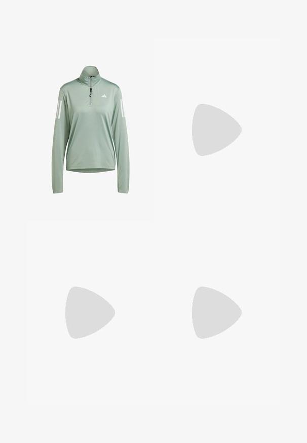 Lichtgroen kwart-rits pullover van soepele stof, met lange mouwen en drie witte strepen op de linkermouw.; Korte mouwen sport t-shirt, donkergrijs met geperforeerde textuur. Bevat een wit logo en contrasterende zijstrepen. Ronde halslijn.; adidas Performance ADIZERO - Korte hardlooplegging - black; Lichtblauwe hardloopschoen met een mesh bovenwerk, drie zilveren strepen, ronde neus, gevoerde zool en textuurdetails aan de zijkant.