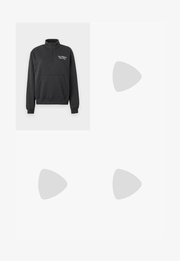 Donkergrijze, lange mouwen sweatshirt met een kwart rits kraag, voorzak en het "New Balance Athlete Club" logo in het wit. Zachte stoftextuur.; Donkergrijze wijde broek met een elastische tailleband en zijritsen. Lichtgewicht materiaal, zachte textuur, met een minimalistisch logo.; Grijze suède sneakers met witte veters en rubberen zool, met drie diagonale strepen aan de zijkant en een logo patch op de tong.; Zwarte zonnebril met een slank, hoekig ontwerp. Voorzien van grijze lenzen en glanzende kunststof monturen. Bevat kleine metalen accenten en merkopdruk op de arm.