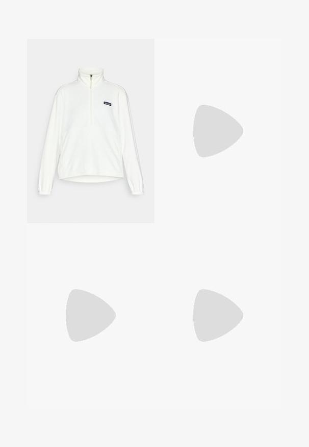 Pulóver de forro polar blanco con cuello de media cremallera, puños elásticos y parche con el logo de Patagonia. Textura suave y silueta relajada.; Camiseta sin mangas en color verde azulado con un escote redondeado y un acento gris en la parte posterior. Textura suave, diseño ajustado sin patrones ni herrajes adicionales.; Bañador para hombre en azul claro, hecho de tejido de secado rápido; cuenta con una cinturilla elástica y bolsillos laterales. Etiqueta del logo de Patagonia en el dobladillo.; Zapatilla deportiva beige y crema con parte superior de malla texturizada, superposiciones de soporte y suela de goma con un patrón de tracción.