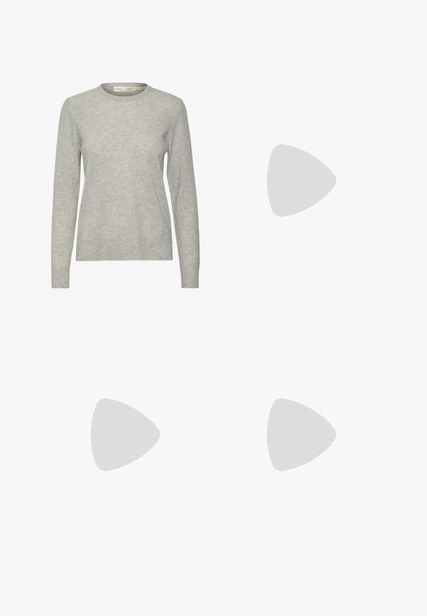 Light gray pullover sweater in a soft, textured knit. Features a round neckline and long sleeves with ribbed cuffs.; Light blue denim jeans featuring a straight leg design, five pockets, and contrast stitching. The fabric appears slightly distressed.; White canvas sneaker with gold eyelets, flat laces, textured rubber sole, and minimal branding on the side. Low-profile design.; Brown suede tote bag with two long handles, vertical seam detail on the front, and a soft texture. Spacious design suitable for everyday use.