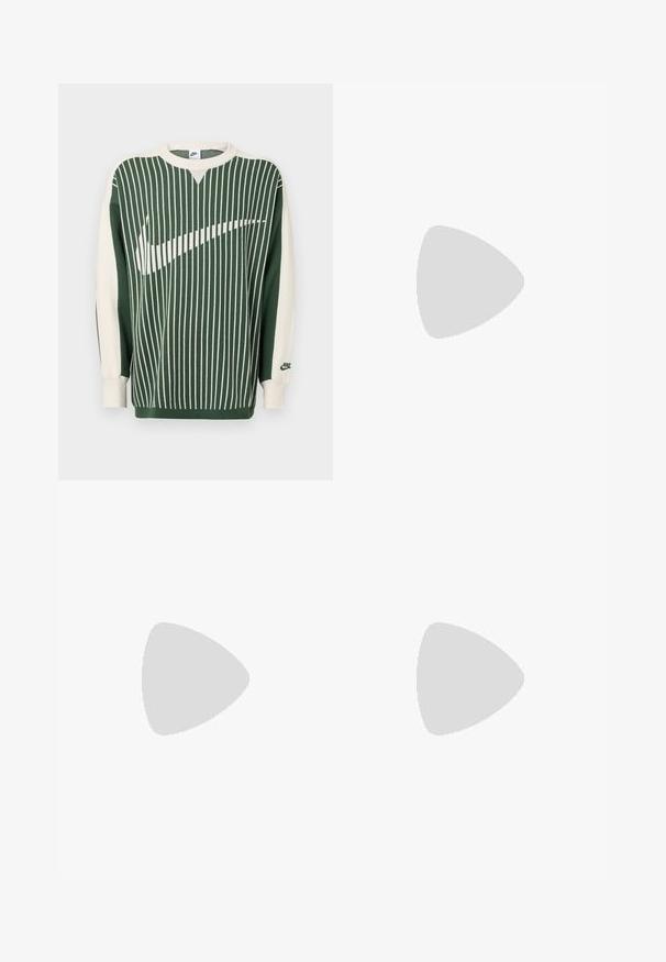 Zeleni in krem pulover iz pletenine z navpičnimi črtami, z velikim belim logotipom Nike, rebrastimi manšetami in okroglim izrezom na vratu.; Bela bombažna majica s kratkimi rokavi, okrolim izrezom in majhnim, vezenim modrim logotipom "C" na levi strani prsnega koša.; Črne široke hlače z nabranim sprednjim delom, stranskimi žepi in gladko teksturo tkanine. Oblikovane za sproščen kroj.; Črne Nike čevlje imajo mrežasto zgornji del z naglasnimi črtami, teksturirane vezalke in črn gumijast podplat. Nosijo se s črnimi rebrastimi nogavicami.