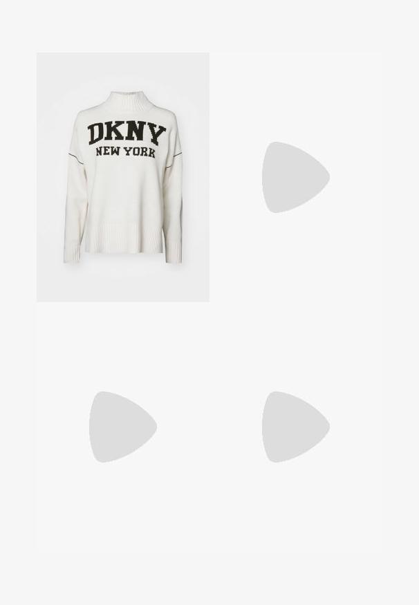 DKNY INTARSIA LOGO TURTLENECK HIGH LOW BOXY - Pulóver - eggnog/black; Fekete farmer rövidnadrág magas derékkal, öt zsebbel, ezüst kiegészítőkkel és standard szabással, sima textúrával és letisztult kidolgozással.; Fekete bőr slingback sarkú cipő, hegyes orral, alacsony sarokkal és állítható bokapánttal, aranyszínű csattal. Simább textúra.; Fekete szintetikus kézitáska, felső fogantyúkkal, levehető vállpánttal, kerek formával, sima textúrával és ezüst logóval az elején.