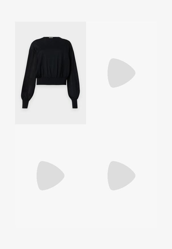 Black cropped blouse with a round neckline, puffed long sleeves, and ribbed cuffs. Features a tight elasticized waistband and sheer side panels.; Black tailored trousers with a straight-leg design, featuring a smooth texture and crisp creases along the front. No visible hardware.; Black leather slingback high-heeled shoe with a pointed toe, smooth texture, and a narrow ankle strap featuring gold hardware accents.; Black leather handbag with a structured design, featuring a cropped shape, top handle, and gold hardware accent. Adjustable shoulder strap included.