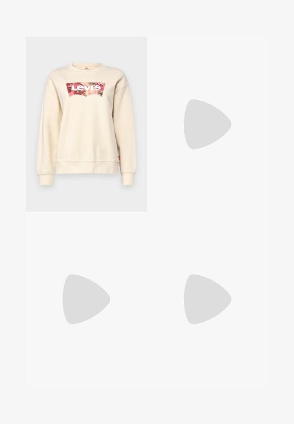 Béžová mikina s farebnou kvetinovou grafikou loga Levi's na hrudi. Dlhé rukávy a klasický dizajn s okrúhlym výstrihom.; Čierne legíny vyrobené z hladkej, elastickej tkaniny. Majú široký pás a zoštíhlený strih nohavíc, vhodné na aktívne alebo príležitostné nosenie.; Biele kožené tenisky s svetlomodrými akcentmi, sivým semišovým špičkou a hnedou gumovou podrážkou. Obsahujú tri modré pruhy a branding "Samba".; Čierne slnečné okuliare s hnedými farebnými šošovkami; obdĺžnikový tvar s hrubým rámom, vrátane jemných kovových akcentov na stranách.