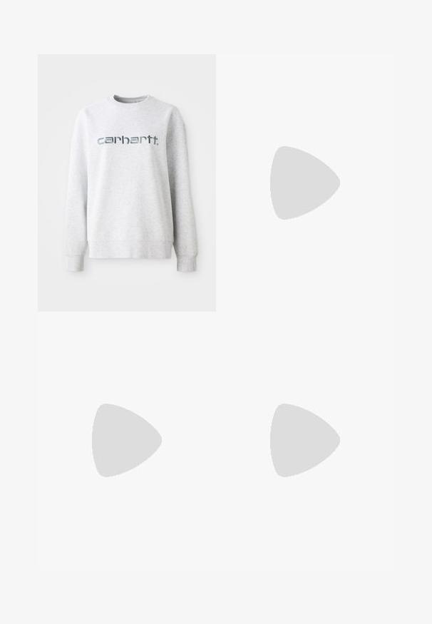 Szürke pamut pulóver kerek nyakkivágással, bordás mandzsettákkal és egy nagy, fényvisszaverő "carhartt" logóval az elején.; Világoskék bordázott cropped top kerek nyakkivágással és ujjatlan kialakítással. Sima textúra és kis logó részlet az alján.; Felnőtt rövidnadrágok, amelyek sokszínű levélmintával rendelkeznek sötét háttéren, rugalmas derékkal és fehér oldalsávokkal.; Barna velúr sportcipő rózsaszín csíkokkal és logóval, texturált felsőrésszel, fűzős záródással és gumi talppal.