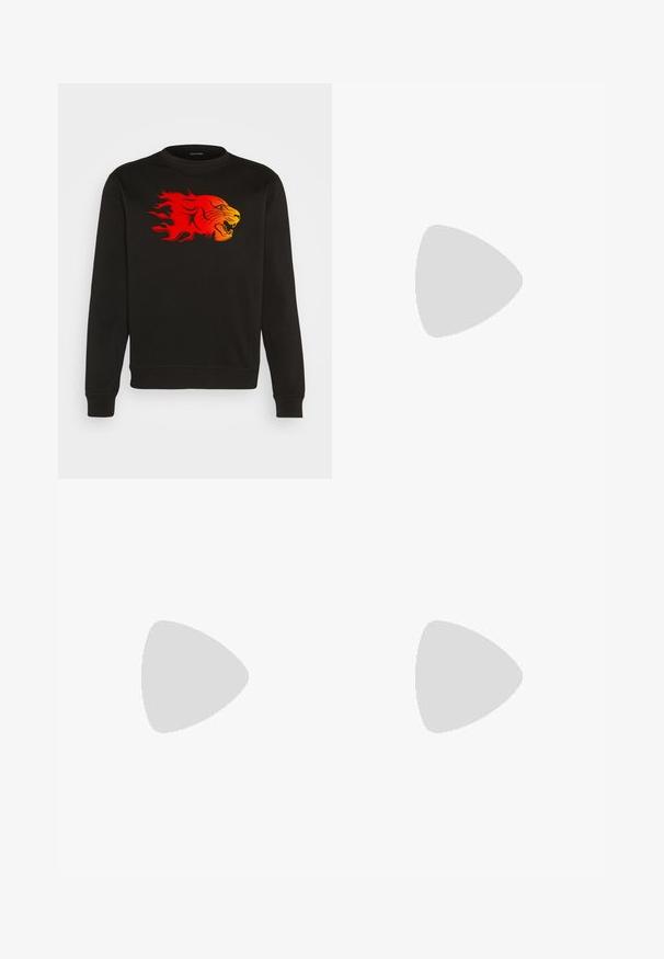 Sweat-shirt noir à col rond. Présente un graphique de la tête d'un lion en dégradé de flammes rouges et jaunes sur la poitrine.; Ensemble de cinq t-shirts en noir, blanc et bleu marine. Tissu en coton, manches courtes, design col rond et texture unie sans motifs.; Pantalons en denim noir avec une coupe droite, un design à cinq poches et une fermeture à bouton à l'avant. Texture lisse avec des détails de couture minimaux.; Mocassins en cuir noir à bout arrondi, avec un design cousu, une semelle plateforme basse et une semelle en caoutchouc texturée et crantée.
