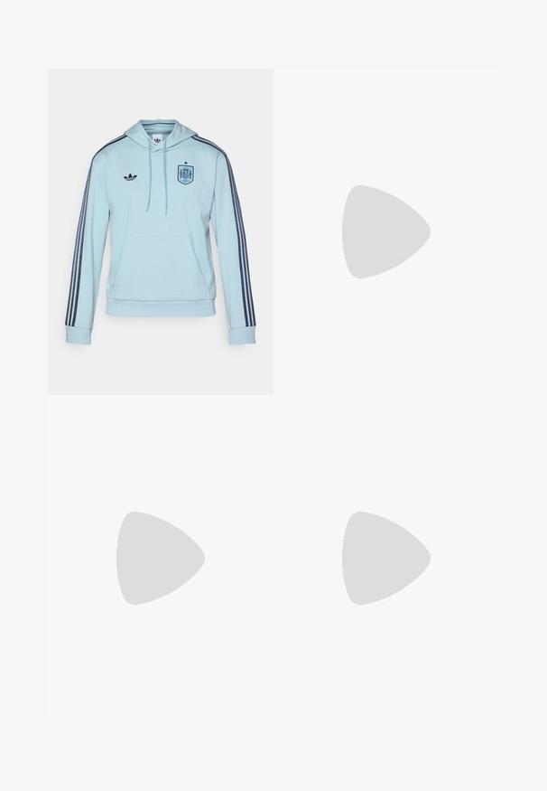 Light blue hooded sweatshirt with navy stripes, front pocket, and embroidered Spanish crest on the chest. Features Adidas logo on the side.; White short-sleeve football shirt with red accents, featuring a geometric pattern and a team logo on the chest; made of smooth fabric.; White shorts with an elastic waistband, smooth texture, and contrasting black trim at the hem. Designed for casual or athletic wear.; White athletic shoes with mesh upper, neon green accents, teal laces, and black heel. Features a textured white sole with a green detail.