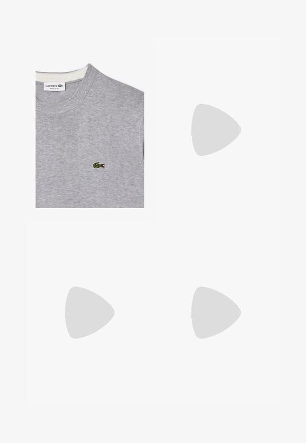 Grå sweatshirt med rund halsringning, ribbad kant och en liten grön Lacoste-krokodil på vänster sida. Bekväm stickad textur.; Svart långärmad t-shirt i bomull, med rund halsringning och en liten grön broderad krokodil-logotyp på vänster bröst.; Mörkblå byxor i slätt tyg, med rak bendesign, bälteshällor och knappstängning med dragkedja.; Lacoste-sneakers i mörkgrått med nät och syntetmaterial, med en strukturerad sula och bruna detaljer på kragen och varumärket.
