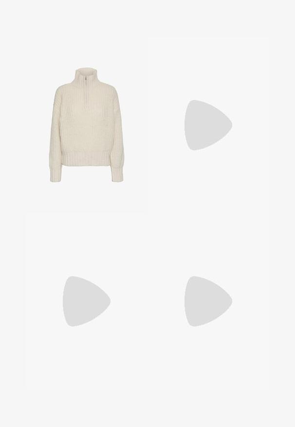 Off-white, knitted sweater with a high collar and quarter-zip. Features ribbed cuffs and hem, showcasing a textured pattern throughout.; Wide-leg jeans in dark blue denim. Features five pockets, belt loops, and a raw hem at the bottom with visible stitching details.; Black patent heeled sandals with a square toe, ankle straps, and silver buckles. Features a chunky block heel for stability.; Black leather handbag with a rounded shape, thick handle, and a silver chain strap. Smooth texture with a slight sheen.