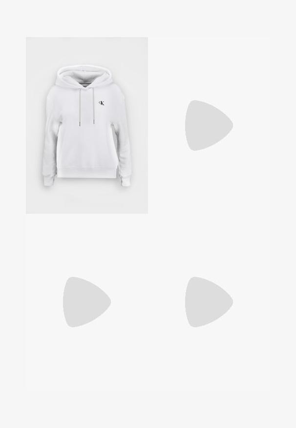 White hoodie made of soft fabric, featuring a drawstring hood, elastic cuffs, and a small black logo on the chest.; White cotton T-shirt featuring a crew neck and short sleeves, with a black graphic logo "Calvin Klein Jeans" on the front.; Light blue denim jeans with a high waist, slim fit, and ankle length. Features front pockets, belt loops, and metal button closure.; White platform sneakers with smooth synthetic upper, tonal laces, and a black logo. The raised rubber sole features horizontal ridges for traction.