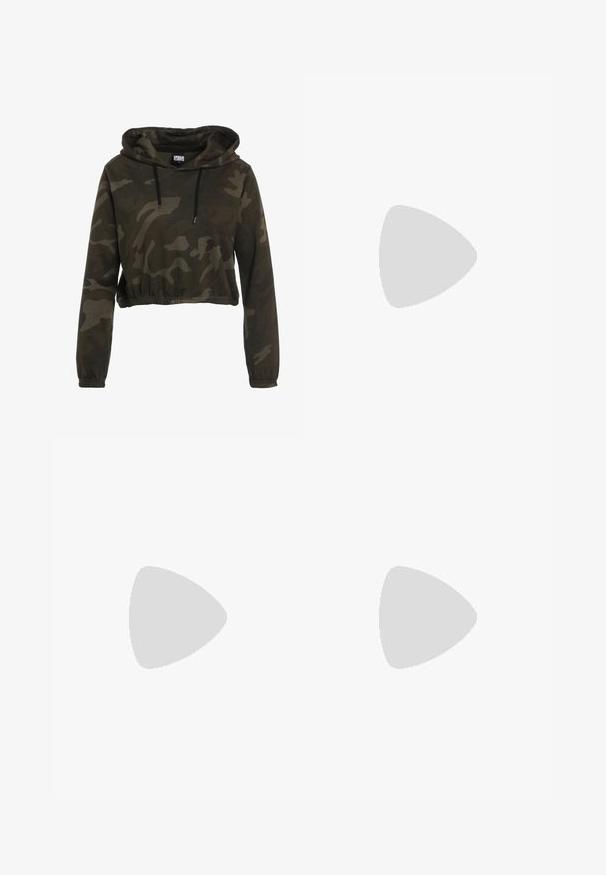 Cropped hoodie in dark camouflage, featuring a drawstring hood, long sleeves, and elastic hem. Made from soft, textured fabric.; White short-sleeve t-shirt made of soft cotton, featuring a crew neckline and a fitted shape. No visible patterns or embellishments.; Light grey sweatpants with a relaxed fit, elastic waistband, drawstring, and side pockets; made from soft, textured fabric.; Nike athletic shoe in white and light pink. Features a mesh upper and distinctive curved sole with visible air cushioning.