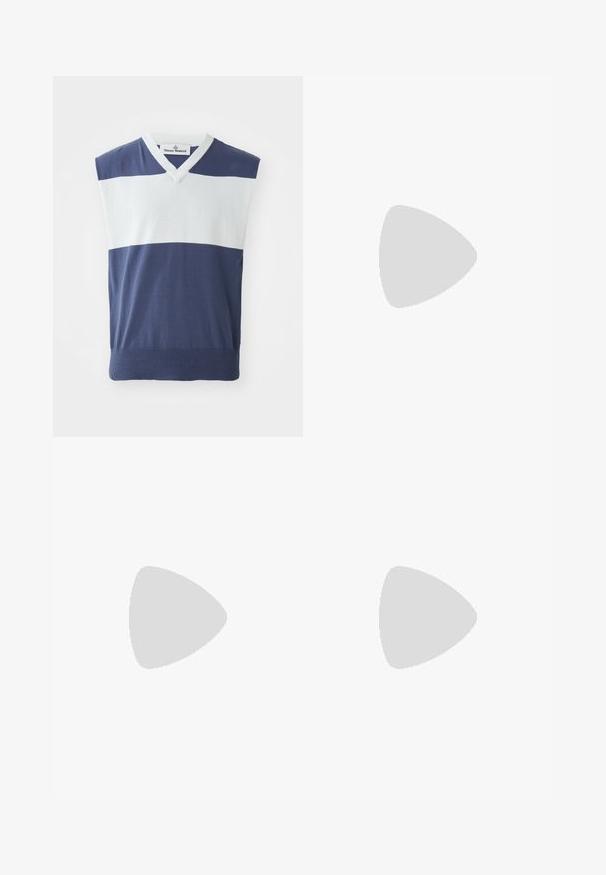 Navy blue sleeveless sweater with white horizontal stripes, V-neck design, ribbed hem, made from soft, lightweight knit material.; Bonsai SUPER LOOSE FIT PANT UNISEX - Trousers - medium grey; Stuart Weitzman CLUB CLASSIC PENNY LOAFER - Smart slip-ons - black; Tiger of Sweden VASTON UNISEX - Tote bag - soft latte