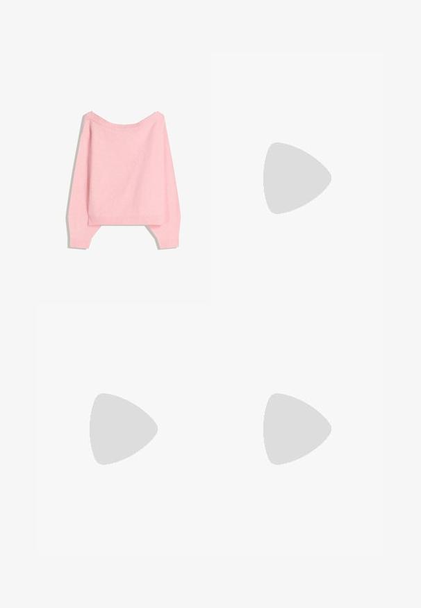 Roza, prevelika pulover iz mehkega materiala, z širokim rebrastim ovratnikom in manšetami, sproščenega kroja in skrajšanim robom.; Beli široki trapezni kavbojke iz denima, ki imajo visok pas, dizajn s petimi žepi in kovinsko zapiranje. Gladka tekstura, brez vzorcev.; Rjavi lakirani slingback čevelj z ostro konico in zmerno peto. Ima zaponko za varno prileganje. Gladka tekstura.; Rjava usnjena torba z gladko teksturo, odprto zasnovo zgoraj in dvema naramnima trakovoma. Opremljena je z minimalnim šivanjem in brez vidnih kovinskih delov.