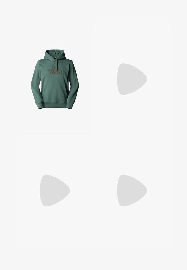 Green hoodie with a kangaroo pocket. Features "The North Face" logo in brown embroidery. Made of soft, textured fabric with a hood.; White cotton t-shirt featuring a central black and gray logo graphic. Classic crew neckline and short sleeves with a relaxed fit.; Black, elasticated-waist sweatpants with a loose fit, cuffed ankles, smooth texture, and no visible patterns or hardware accents.; Beige and cream athletic shoe with textured mesh upper, supportive overlays, and rubber outsole featuring a tread pattern for traction.